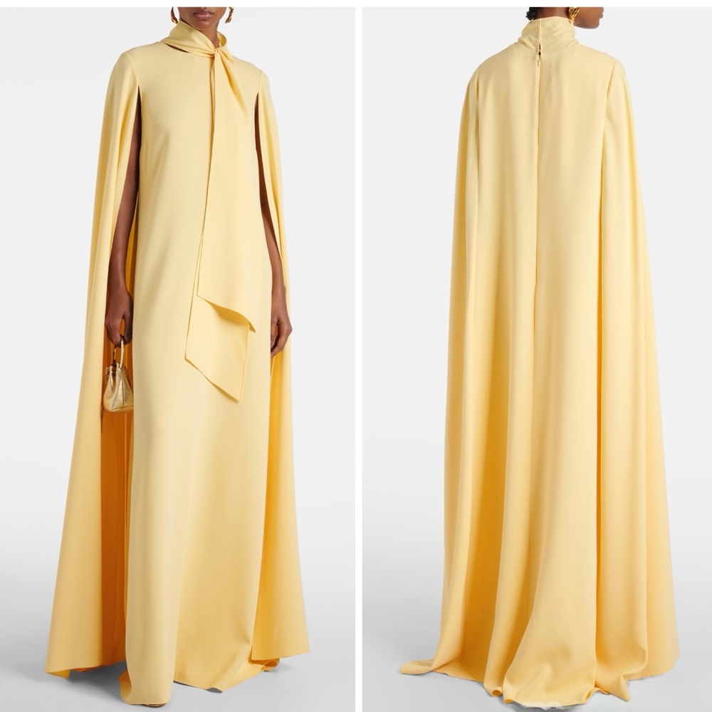 Oscar de la Renta Caped silk tie-neck georgette gown maxi yellow dress